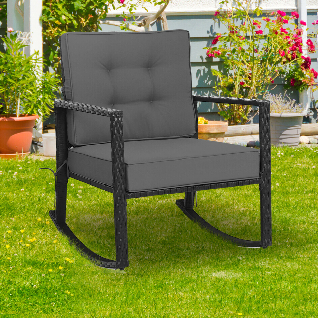 Outdoor Wicker Rocking Chair Patio Lawn Rattan Single Chair Glider W/ Grey Cushion