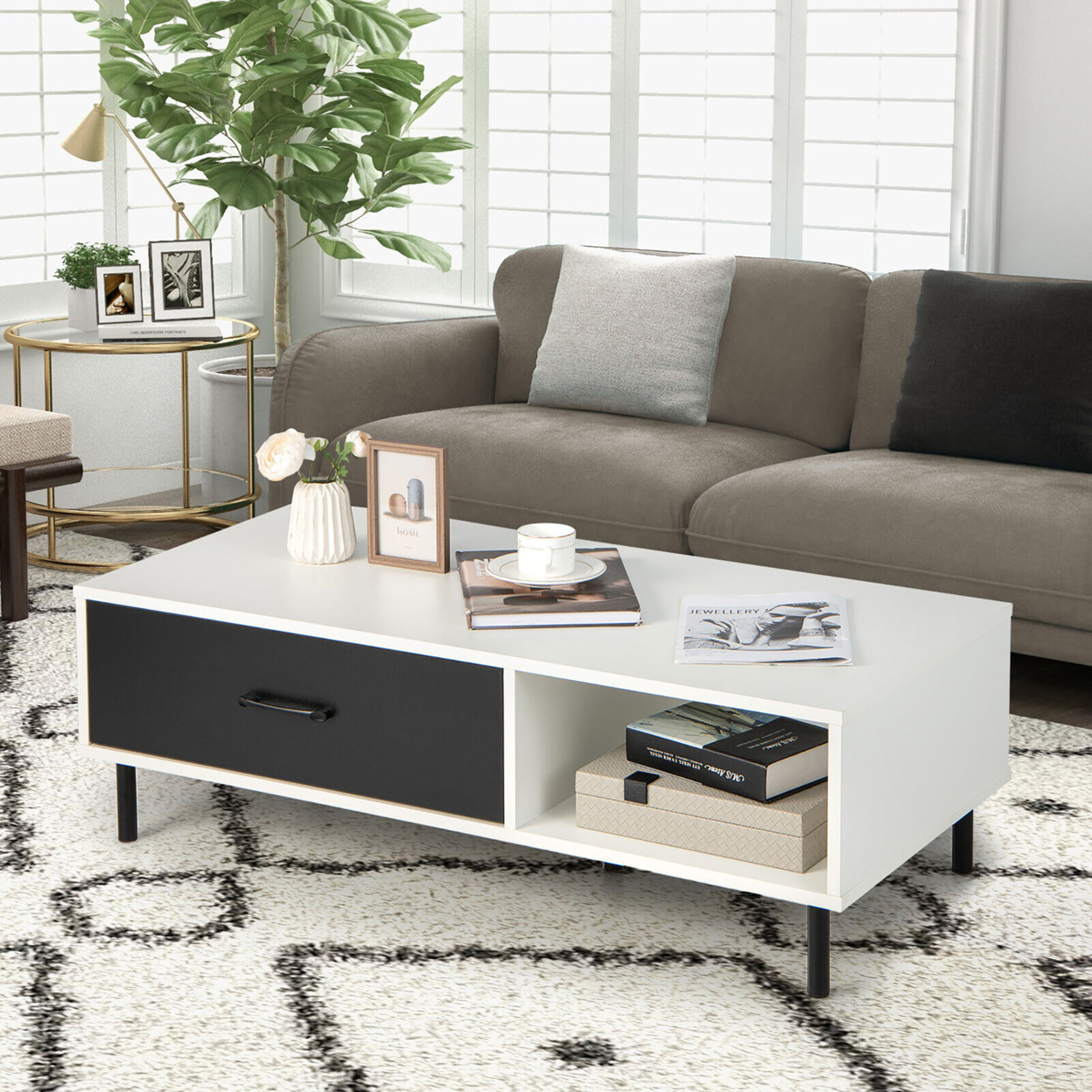 Modern Coffee Table 2-Tier Accent Cocktail Table W/ Storage For Living Room