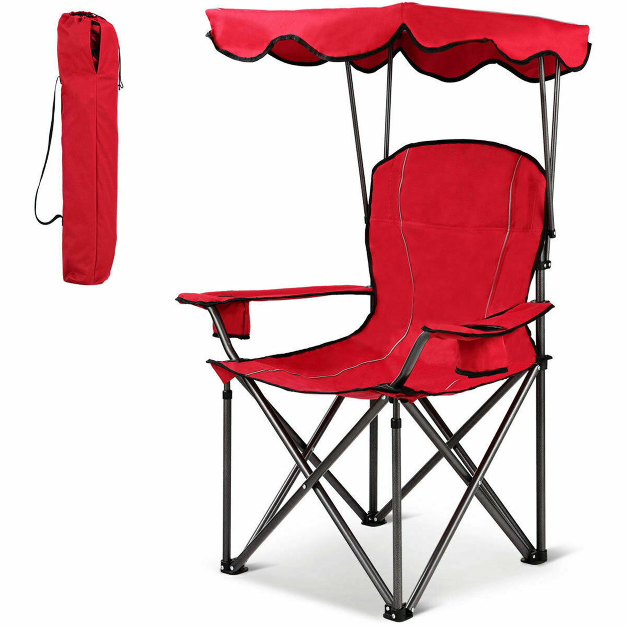 Folding Canopy Camping Chair Portable Beach Chair W/ Carrying Bag - Red
