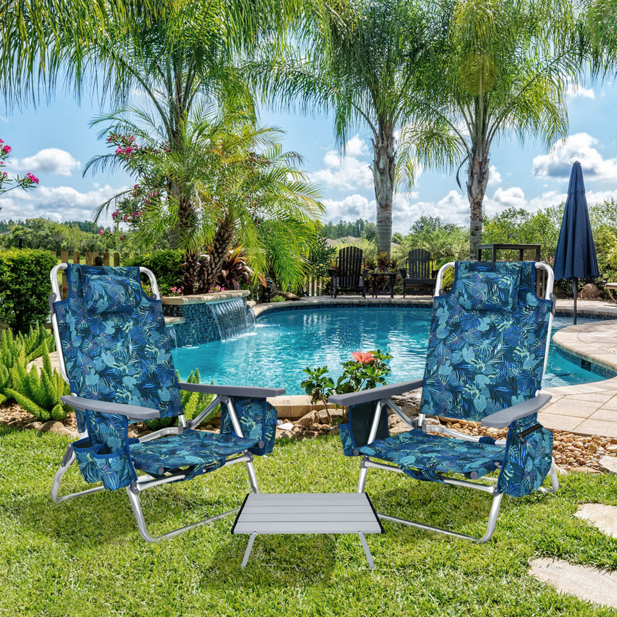 3PCS Folding Beach Chair & Table Set Adjustable Outdoor Reclining Chair