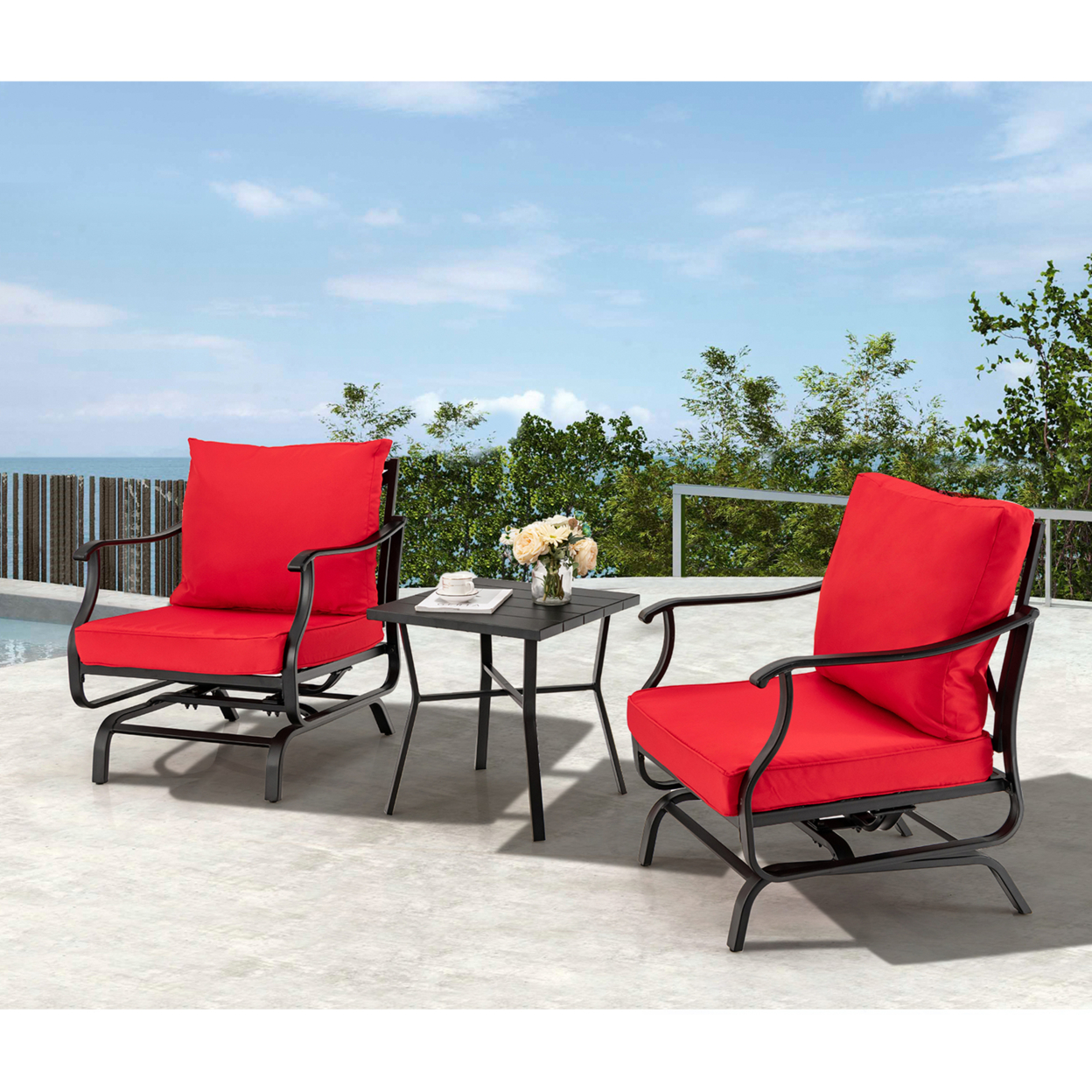 3PCS Outdoor Rocking Chair Set Patio Conversation Bistro Set W/ Red Cushions