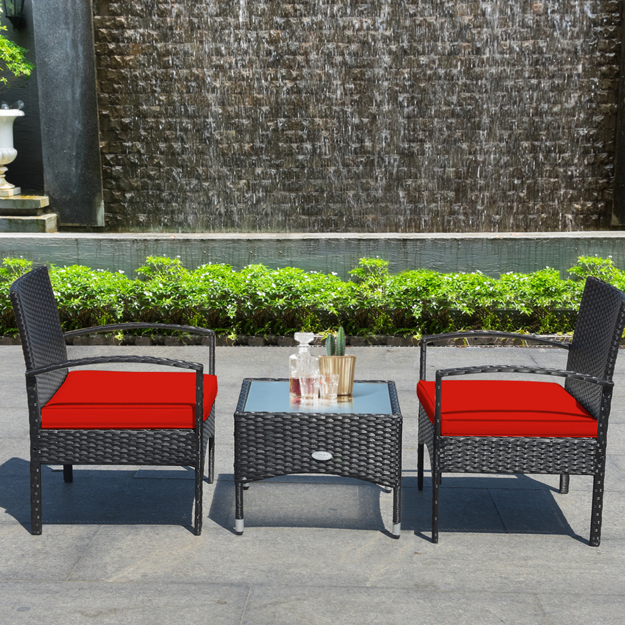 3 PCS Patio Wicker Rattan Furniture Set Coffee Table & 2 Rattan Chair W/ Cushion Red