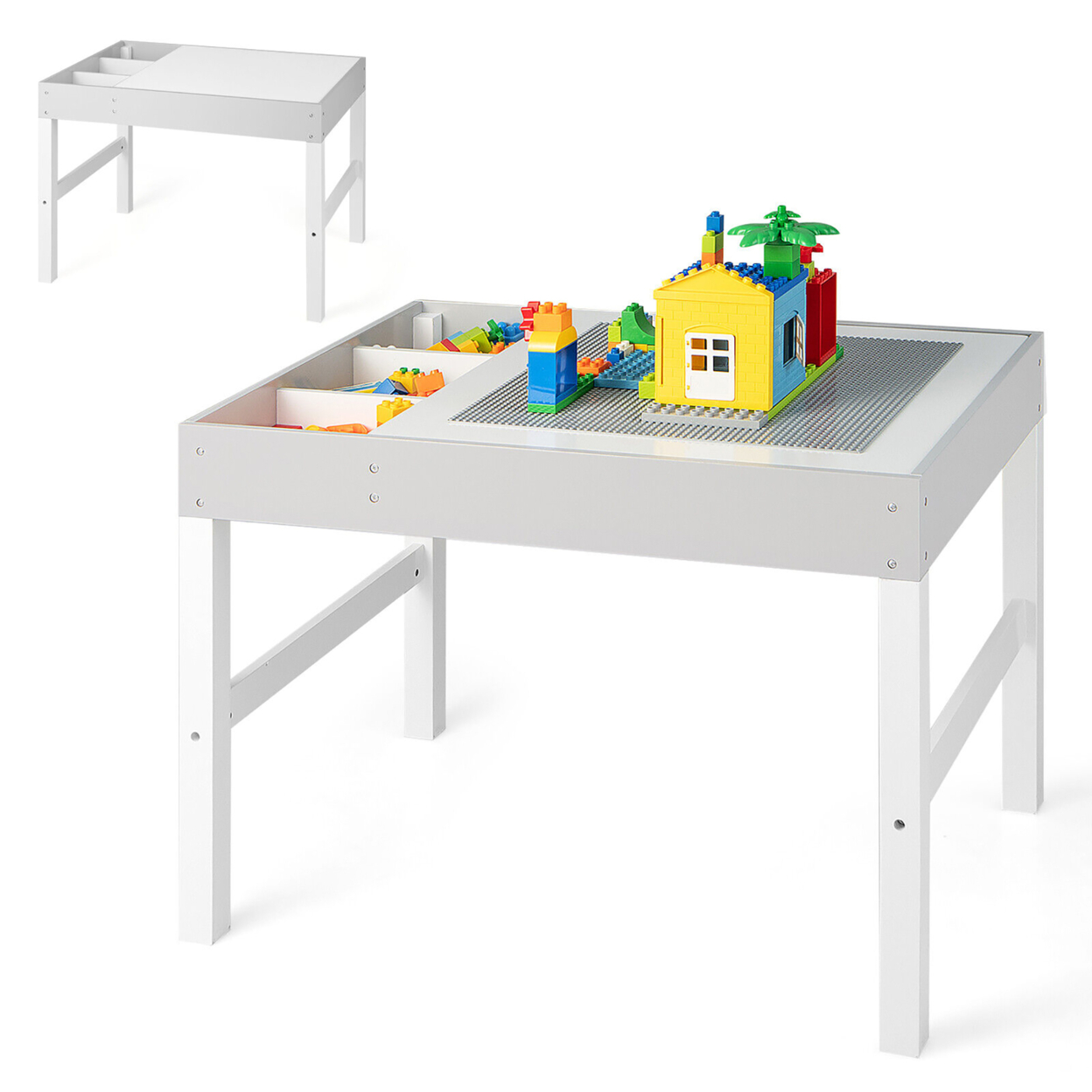 Kids Multi Activity Play Table 3 In 1 Wooden Building Block Desk W/ Storage Gift