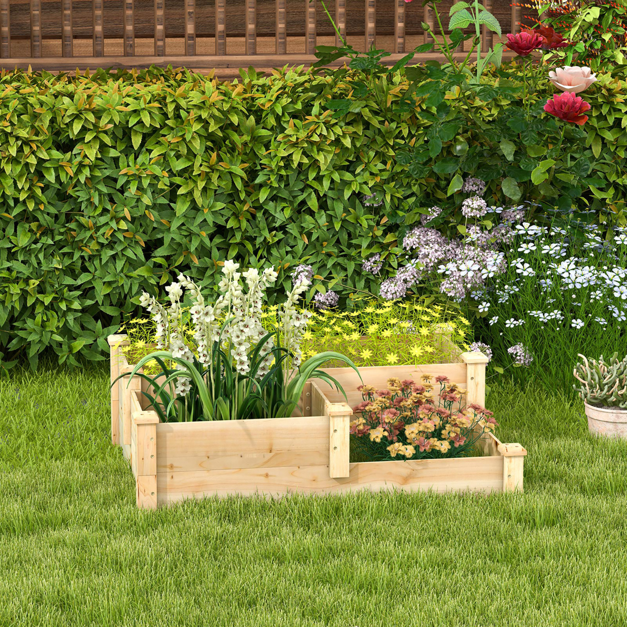 3-Tier Outdoor Raised Garden Bed Fir Wood Elevated Flower Box Backyard