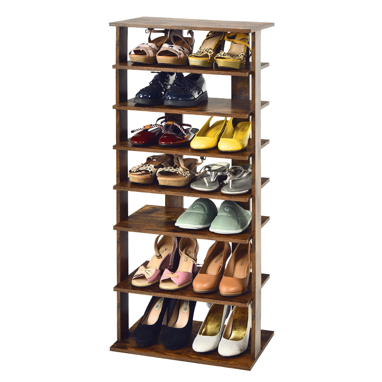 Patented 7-Tier Double Shoe Rack Free Standing Shelf Storage Tower Rustic Brown
