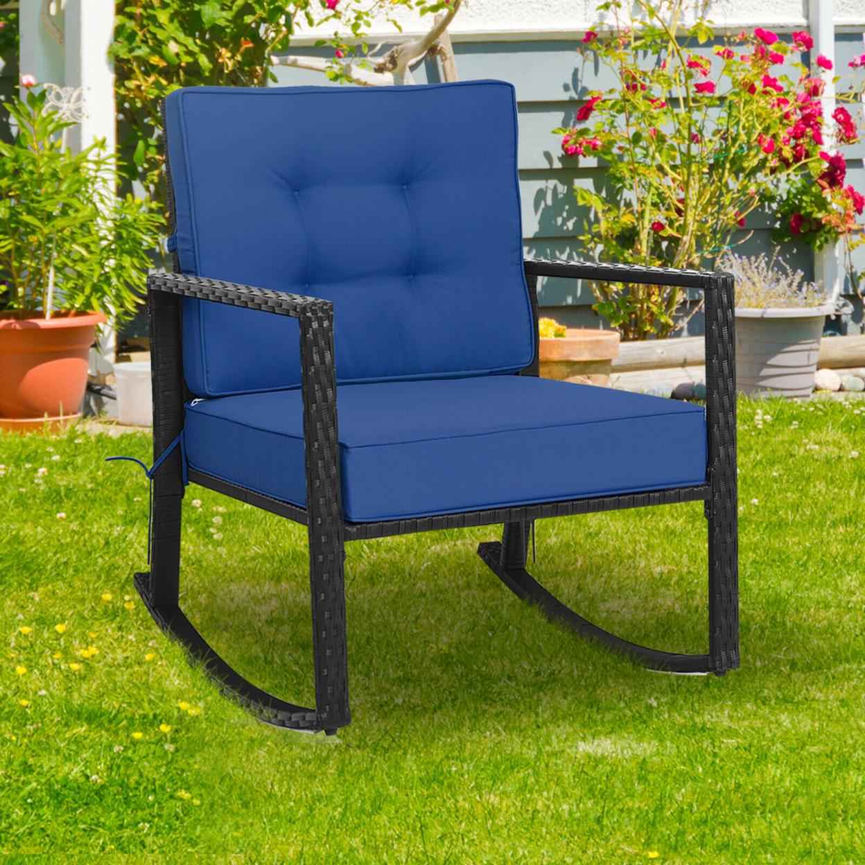 Outdoor Wicker Rocking Chair Patio Lawn Rattan Single Chair Glider W/ Navy Cushion