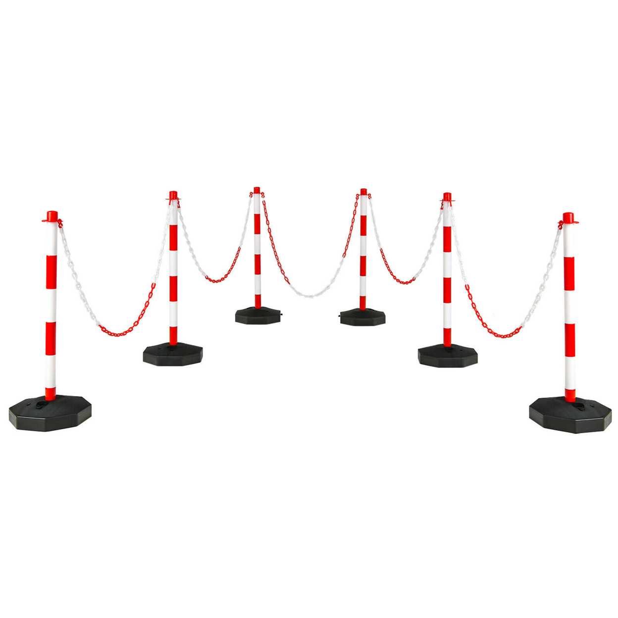 6PCS Traffic Delineator Pole Safety Caution Barrier W/ 5ft Link Chains - White & Red