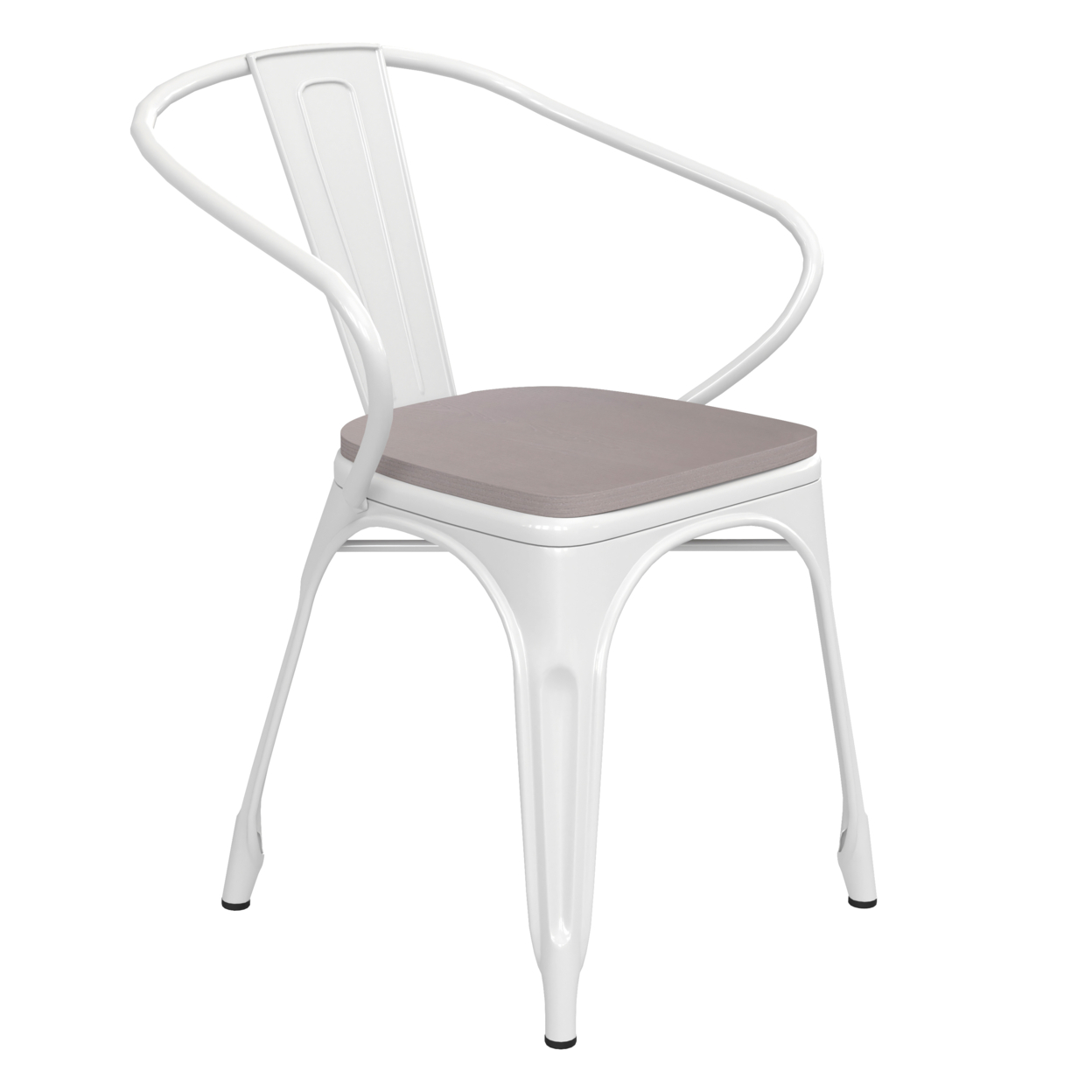 Metal Chair, Open Design Curved Arms, Polyresin Wood Seat, White