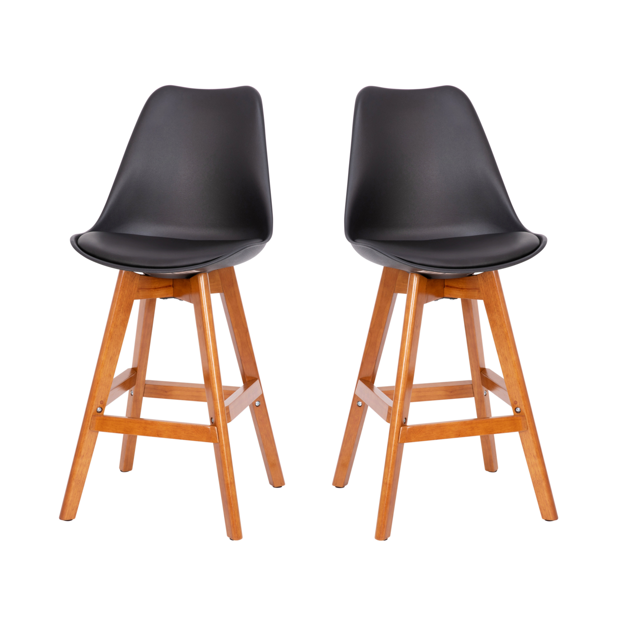 2 Piece 27 Inch Stools, Black Leather, Curved Seat And Back