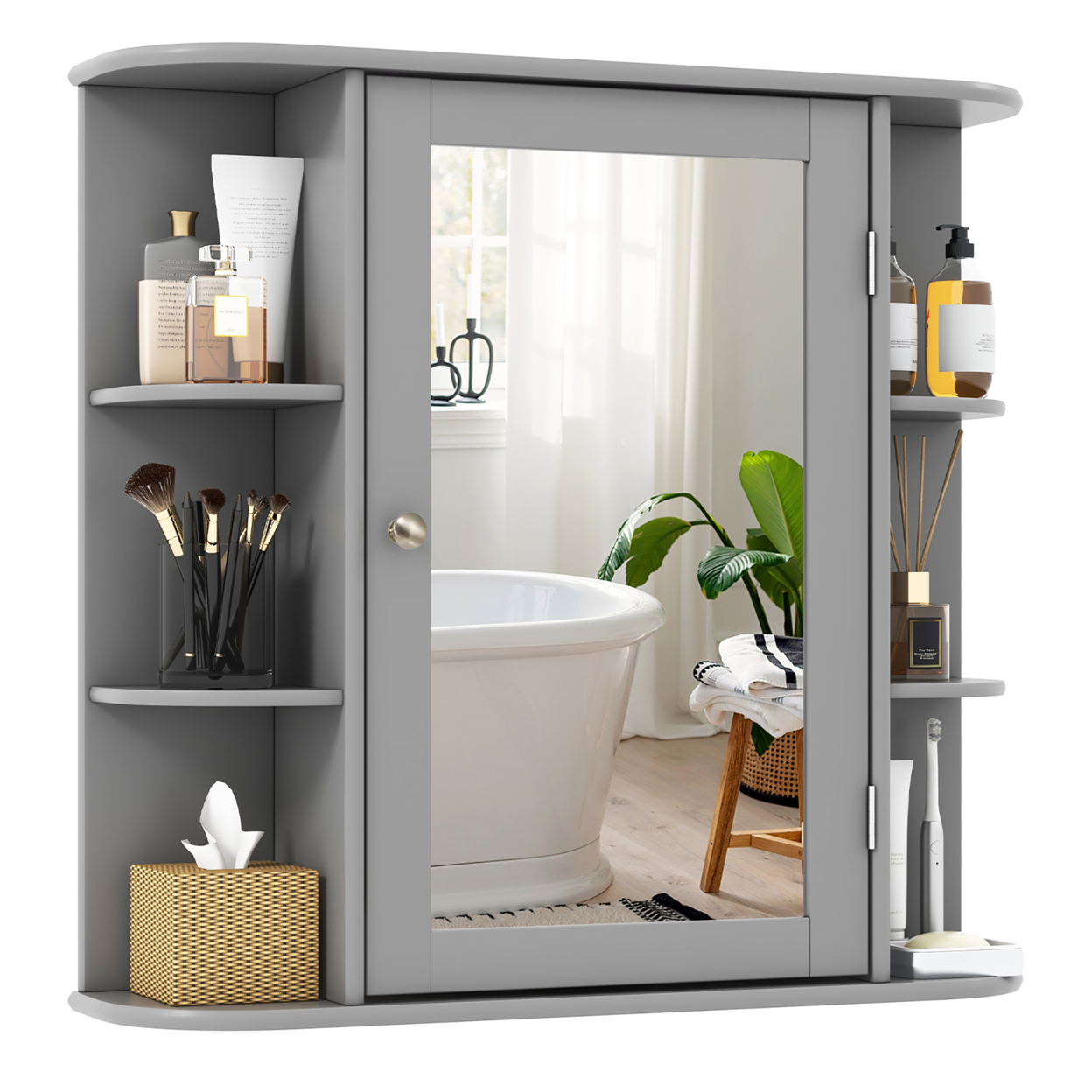 Wall Mounted Medicine Storage Cabinet Bathroom Organizer Cupboard W/Mirror Gray