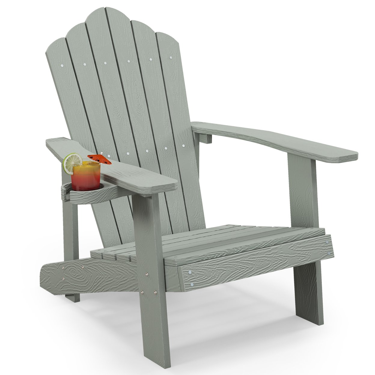 Patio HIPS Outdoor Weather Resistant Slatted Chair Adirondack Chair W/ Cup Holder - Light Grey