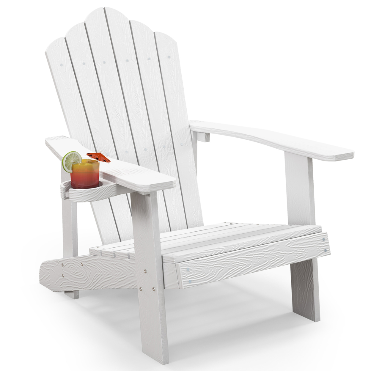 Patio HIPS Outdoor Weather Resistant Slatted Chair Adirondack Chair W/ Cup Holder - White