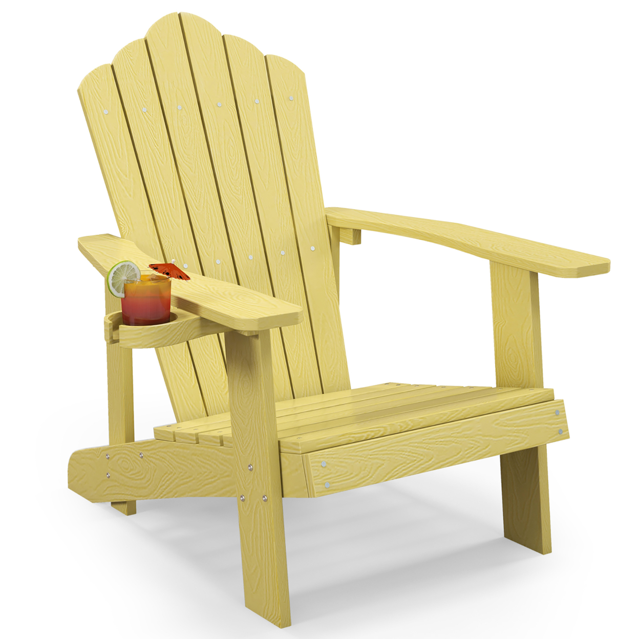 Patio HIPS Outdoor Weather Resistant Slatted Chair Adirondack Chair W/ Cup Holder - Yellow