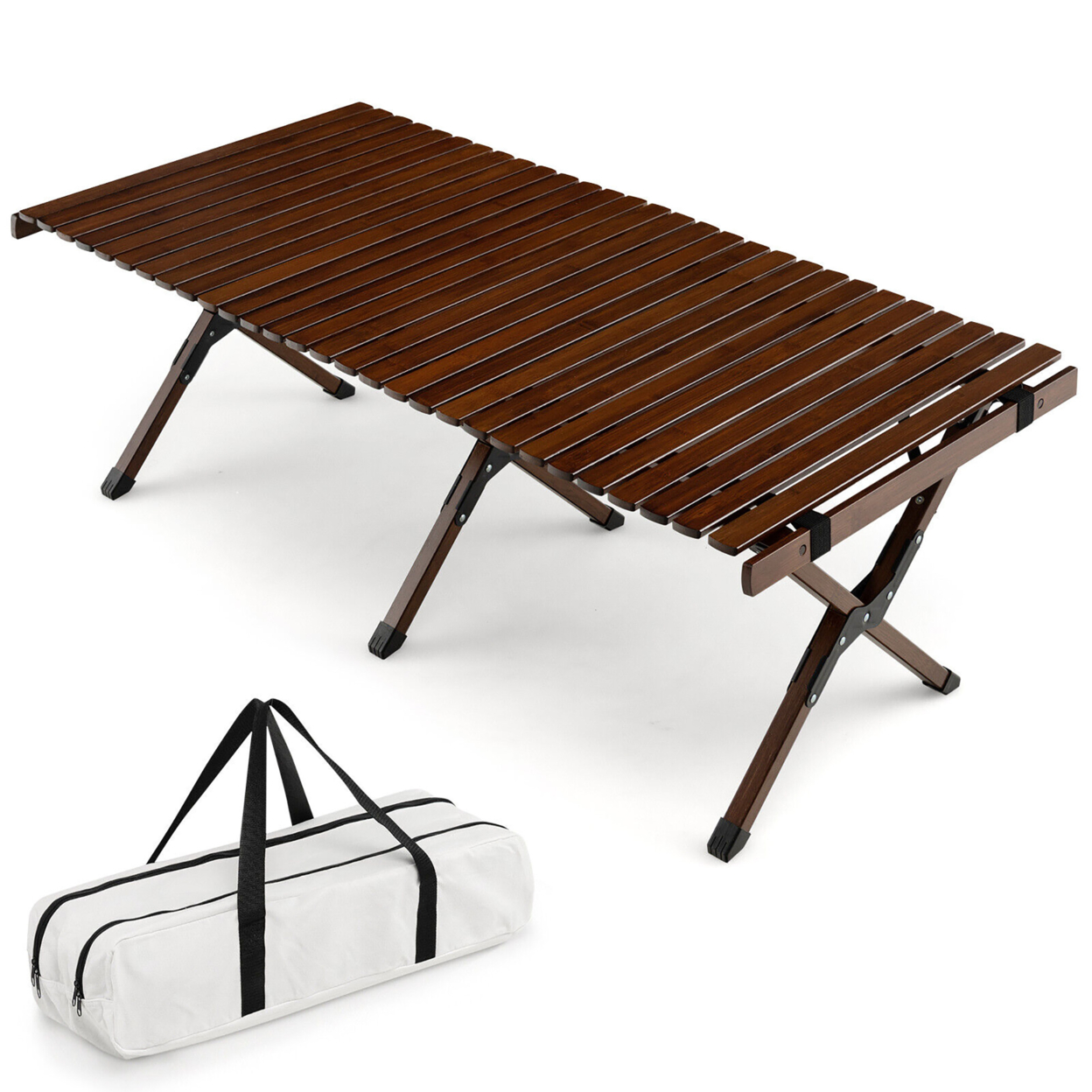 Portable Folding Bamboo Camping Table W/ Carry Bag Outdoor & Indoor - Coffee