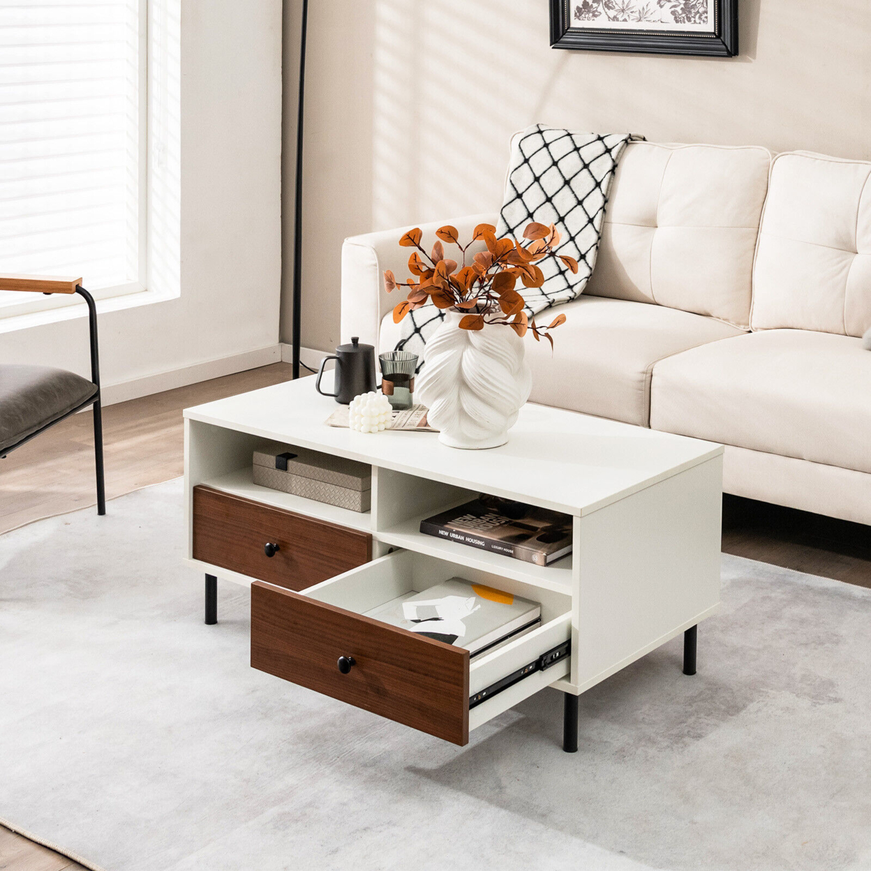 Coffee Table Modern Rectangle W/ Storage Shelf & Drawers Living Room Furniture