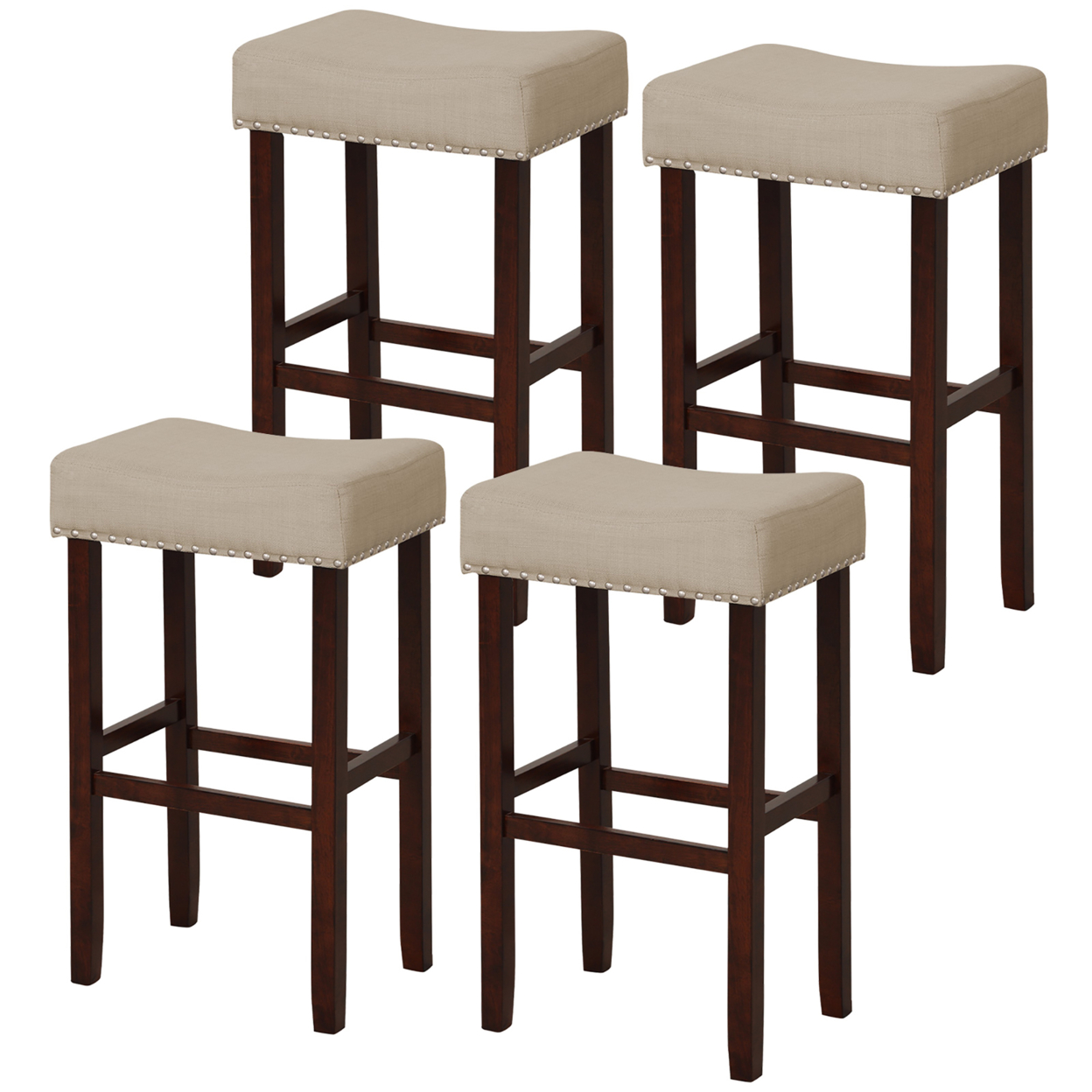 Set Of 4 Bar Stools Bar Height Saddle Kitchen Chairs W/ Wooden Legs Beige