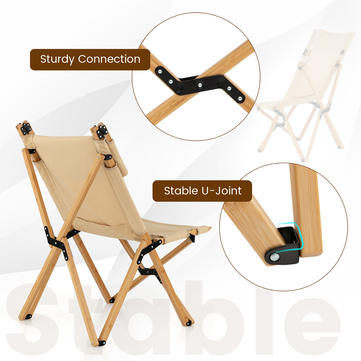 Outdoor Adjustable Backrest Chair Folding Camping Chair Bamboo W/ Carrying Bag