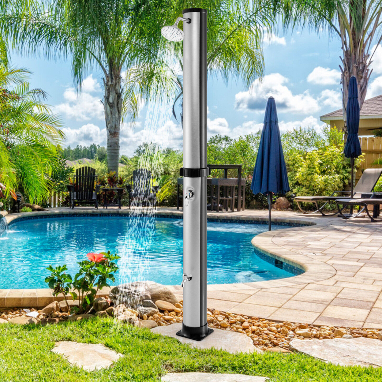7.2 Ft 10 Gallon 2-Section Outdoor Solar-Heated Shower W/ Free-Rotating Shower Head