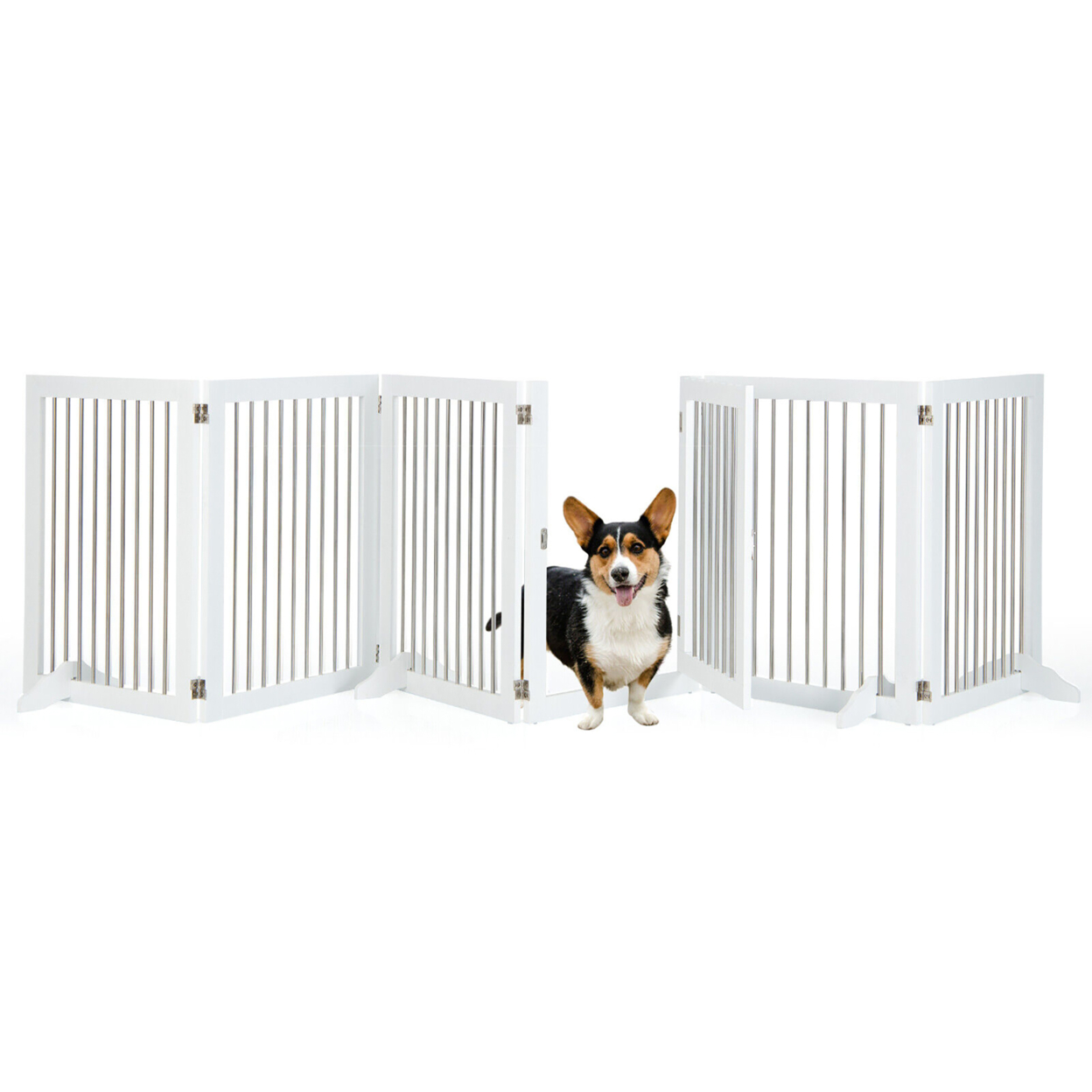 6-Panel Freestanding Dog Gate Foldable Walk-Through Playpen W/ 4 Support Feet