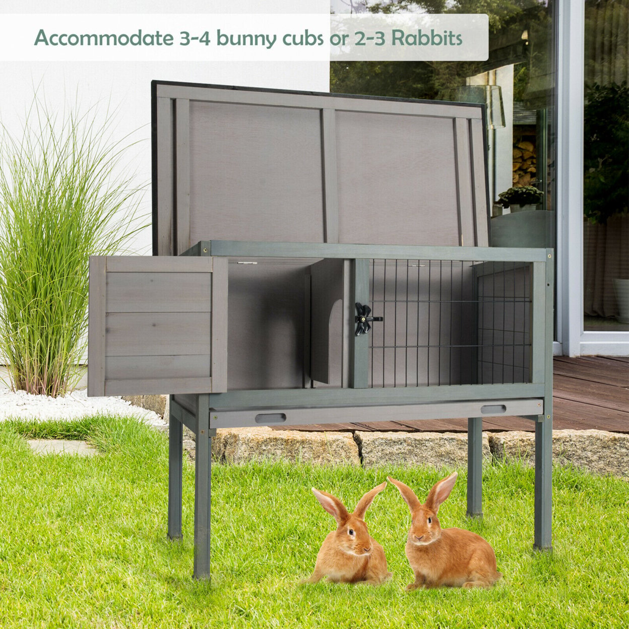 Small Elevated Rabbit Hutch Bunny Cage W/ Hinged Asphalt Roof & Removable Tray