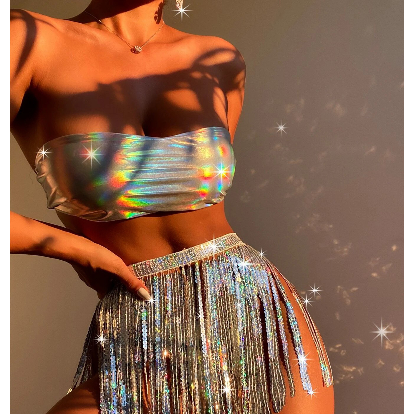 3pack Holographic Bandeau Bikini Swimsuit & Sequin Fringe Beach Skirt - X-Large(14)