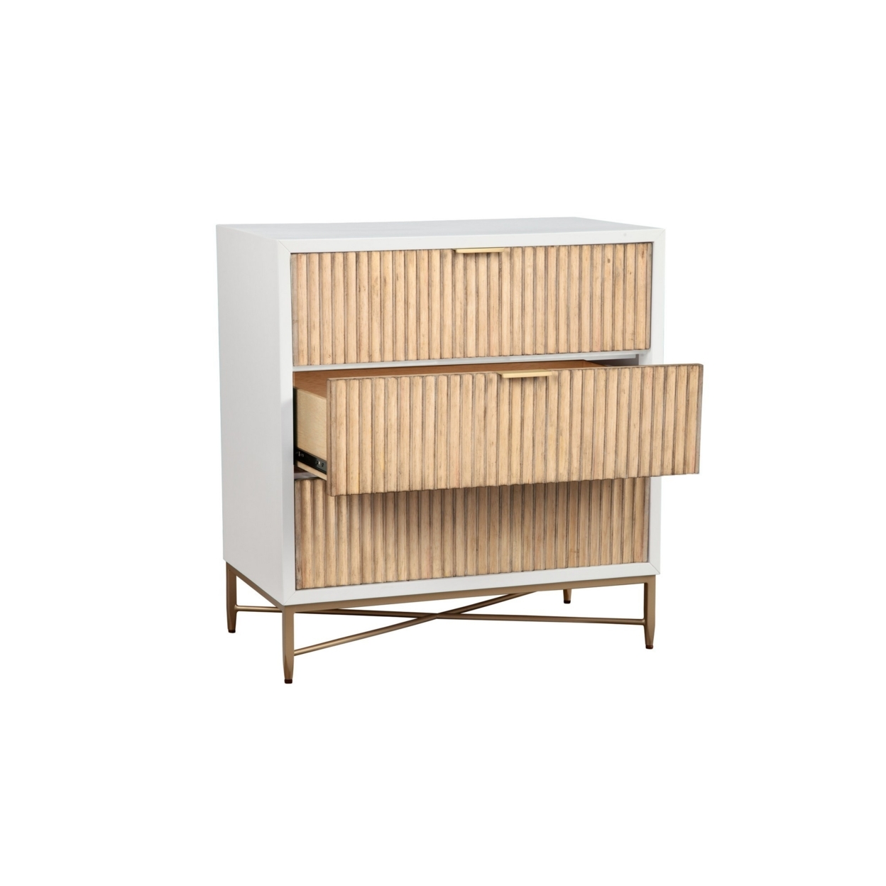 Eli 34 Inch 3 Drawer Small Dresser Nightstand, Corrugated Panels, White, Gold- Saltoro Sherpi