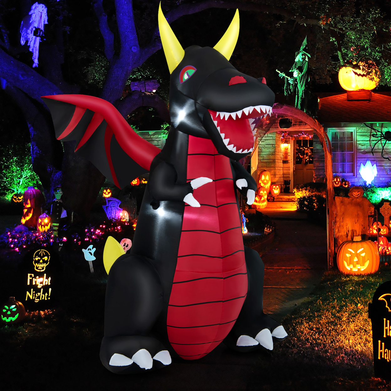 8FT Halloween Outdoor Blow Up Giant Dragon Holiday Decor W/ Wings & LED Lights