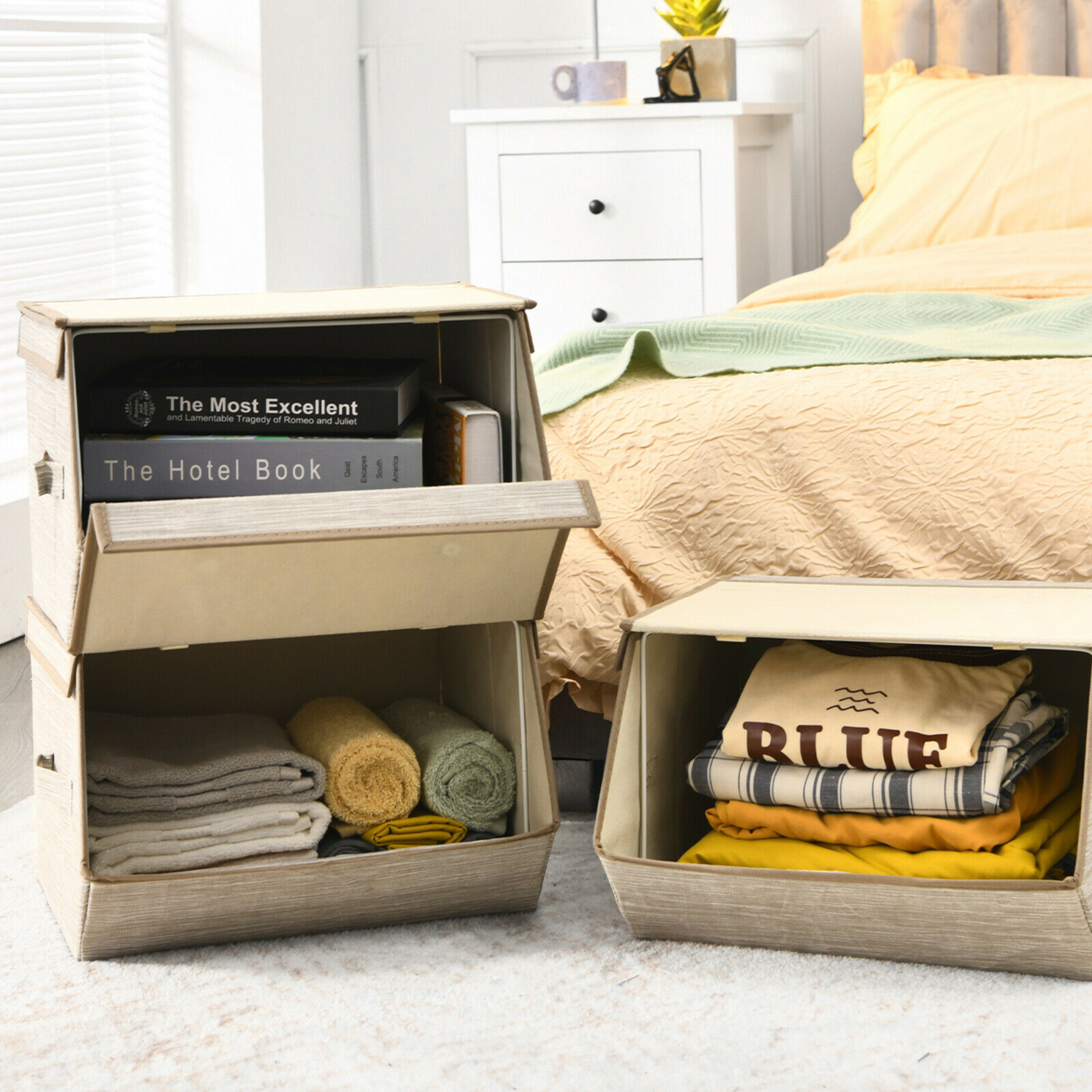 Stackable Large Bins Cubes W/Lids Storage Organizers W/Linen&Oxford Fabric 4Sets