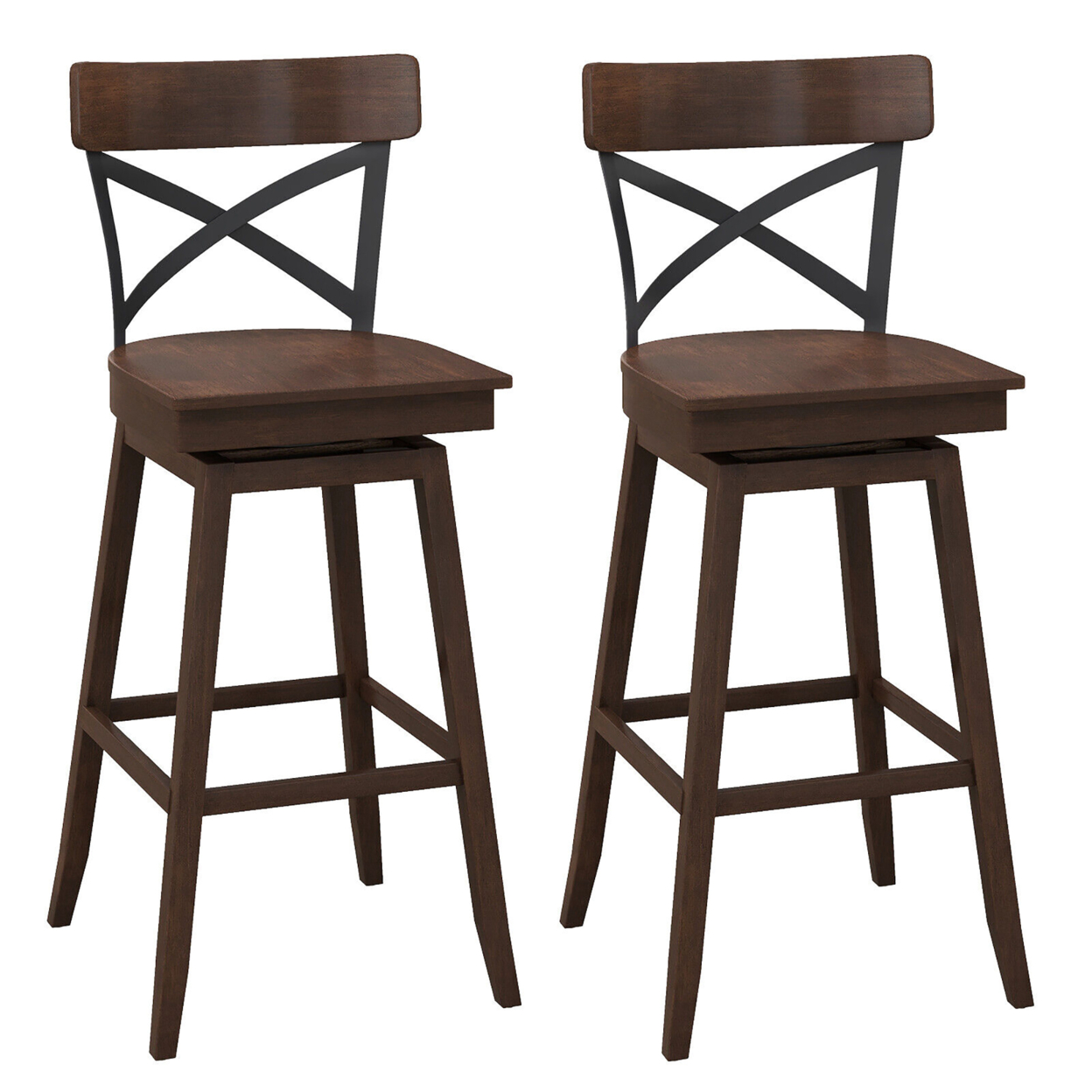 Set Of 2 Wooden Swivel Bar Stools Bar Height Kitchen Chairs W/ Back Brown