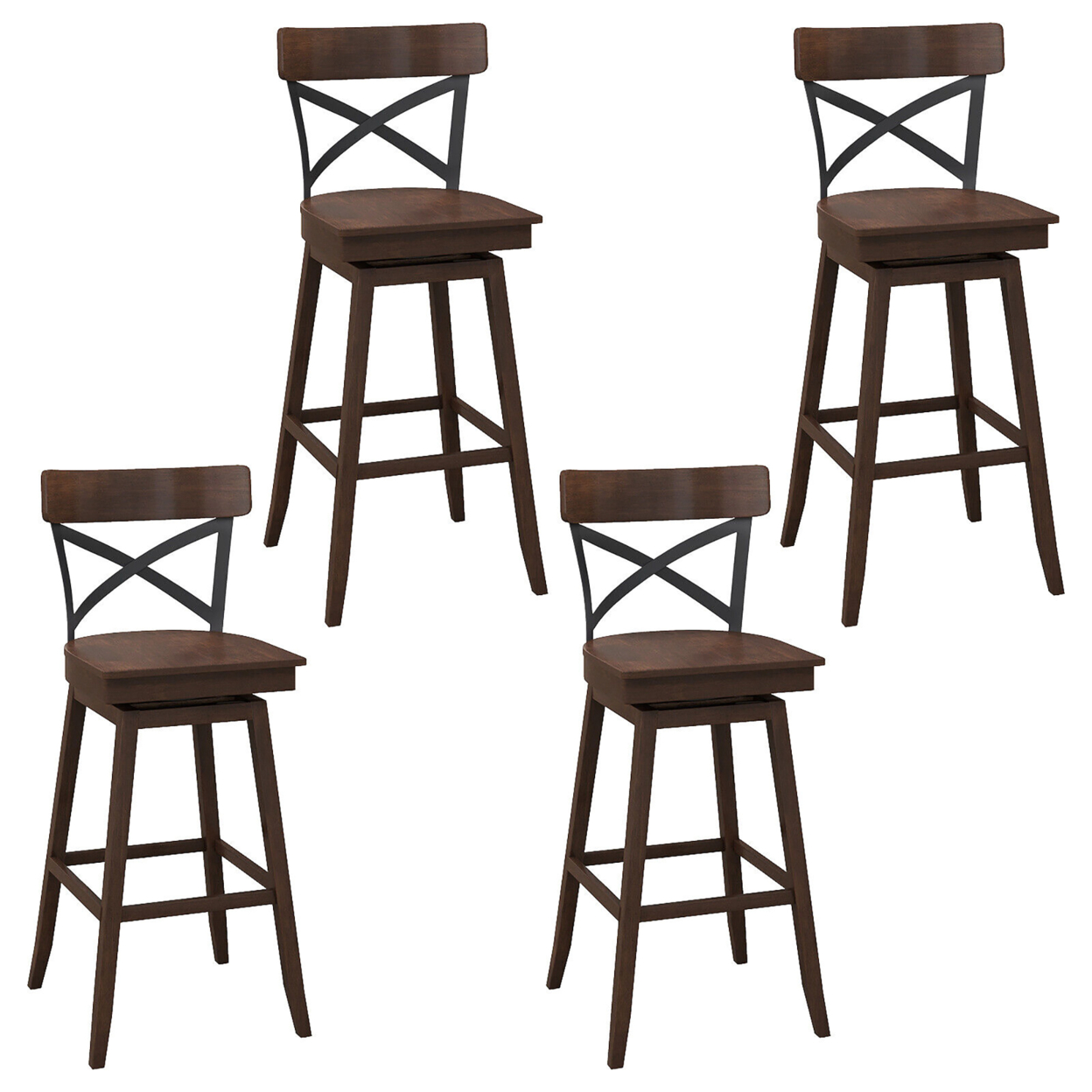 Set Of 4 Wooden Swivel Bar Stools Bar Height Kitchen Chairs W/ Back Brown