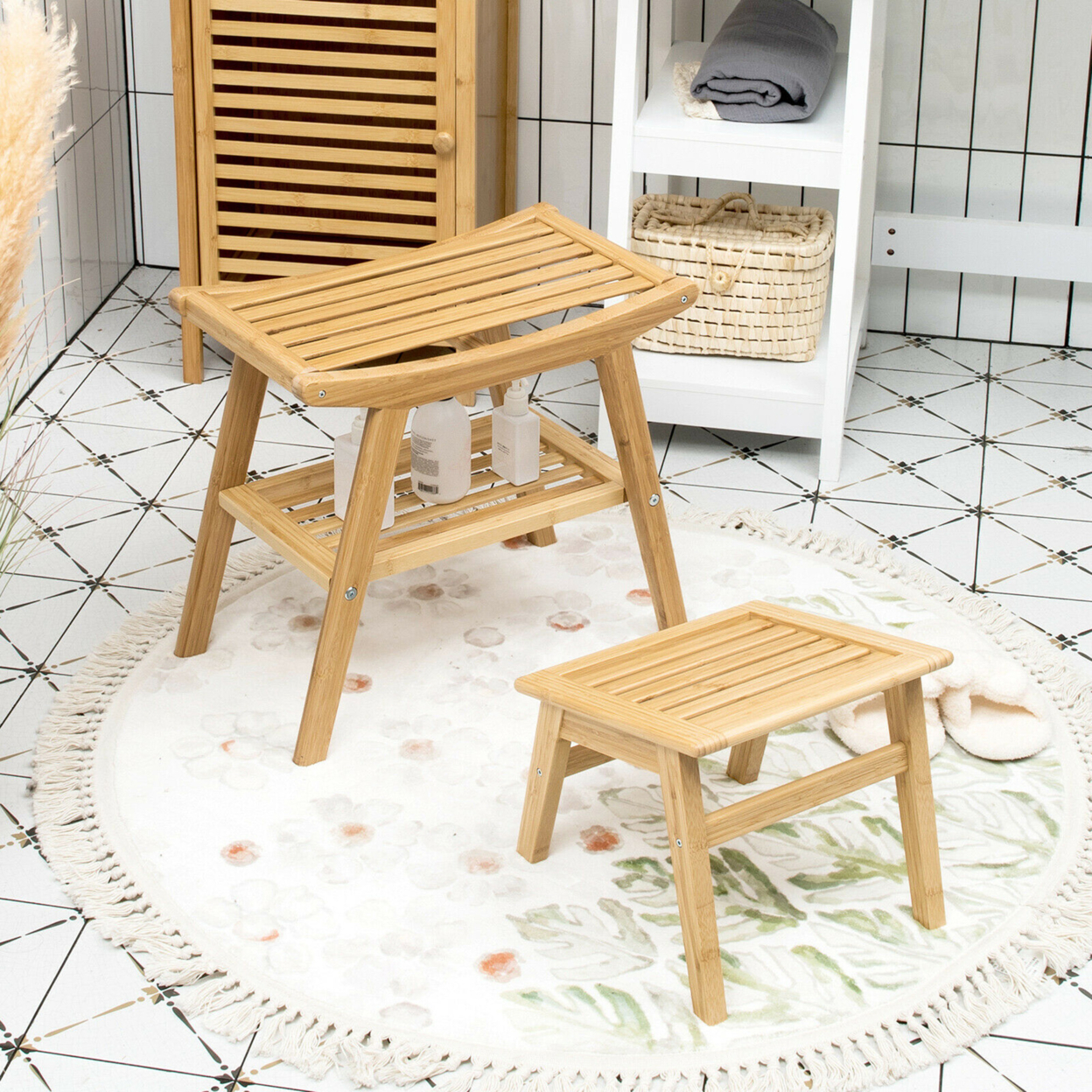 Bamboo Shower Seat Bench W/Underneath Storage Shelf, Spa Bath Seat W/ Foot Stool