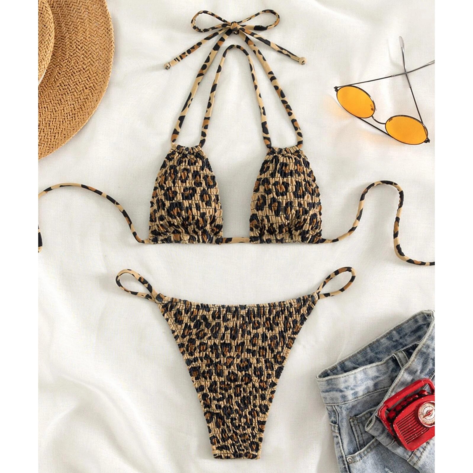 Leopard Halter Triangle Bikini Swimsuit - Large(8/12)