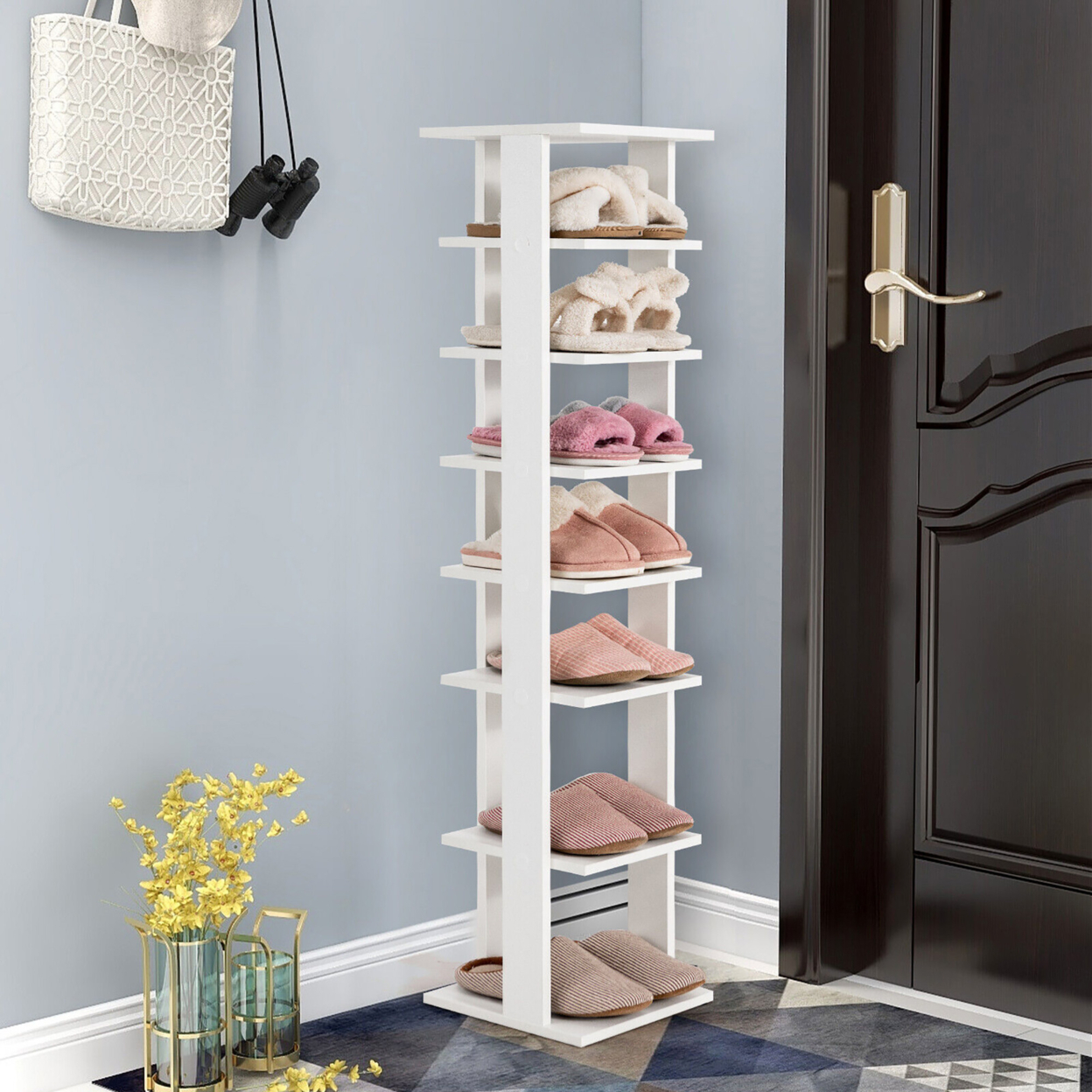 7-Tier Wooden Shoe Rack Narrow Vertical Shoe Stand Storage Display Shelf White