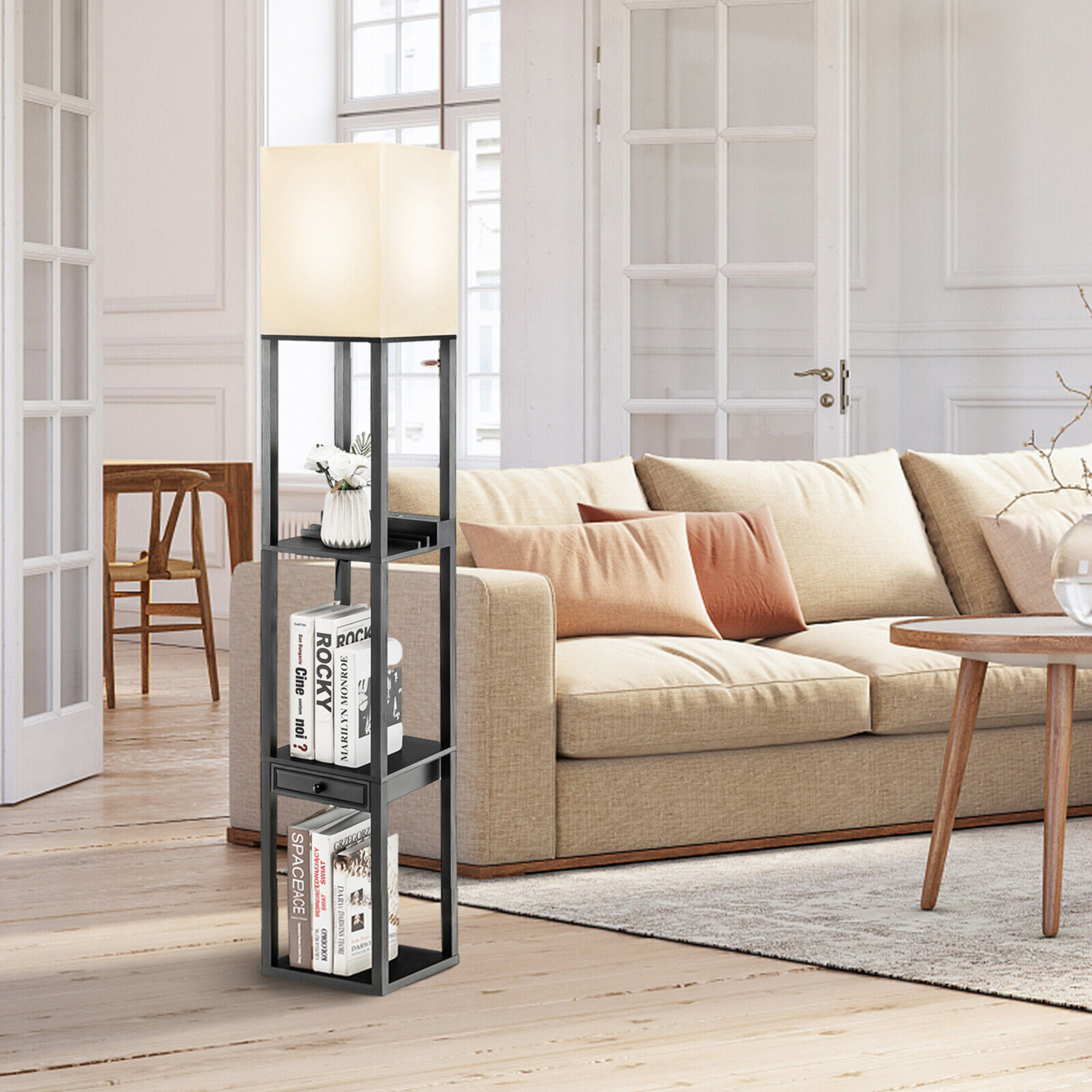 Modern Floor Lamp W/ Shelves And Drawer,Shelf Floor Lamp W/ Adjustable Brightness