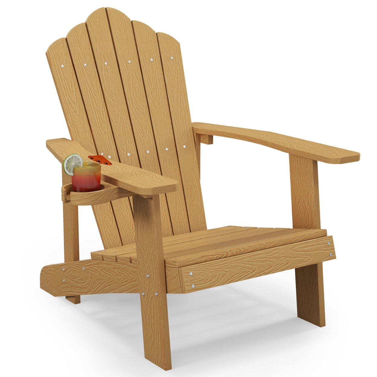 Patio HIPS Outdoor Weather Resistant Slatted Chair Adirondack Chair W/ Cup Holder - Teak