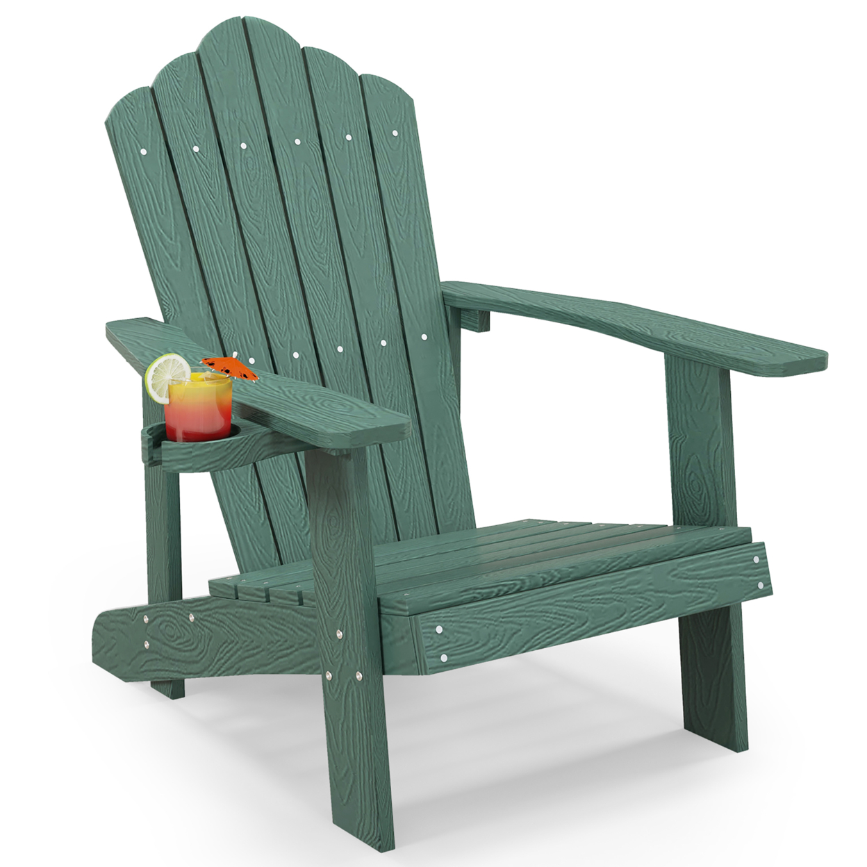Patio HIPS Outdoor Weather Resistant Slatted Chair Adirondack Chair W/ Cup Holder - Dark Green