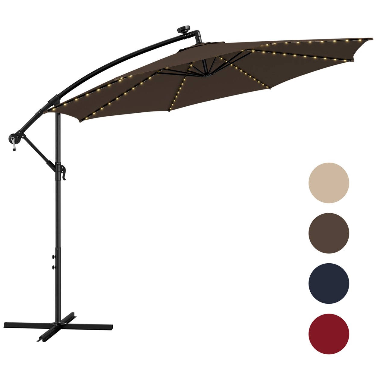 10 FT Offset Patio Umbrella Solar Powered Cantilever Umbrella W/ 112 LED Lights - Coffee
