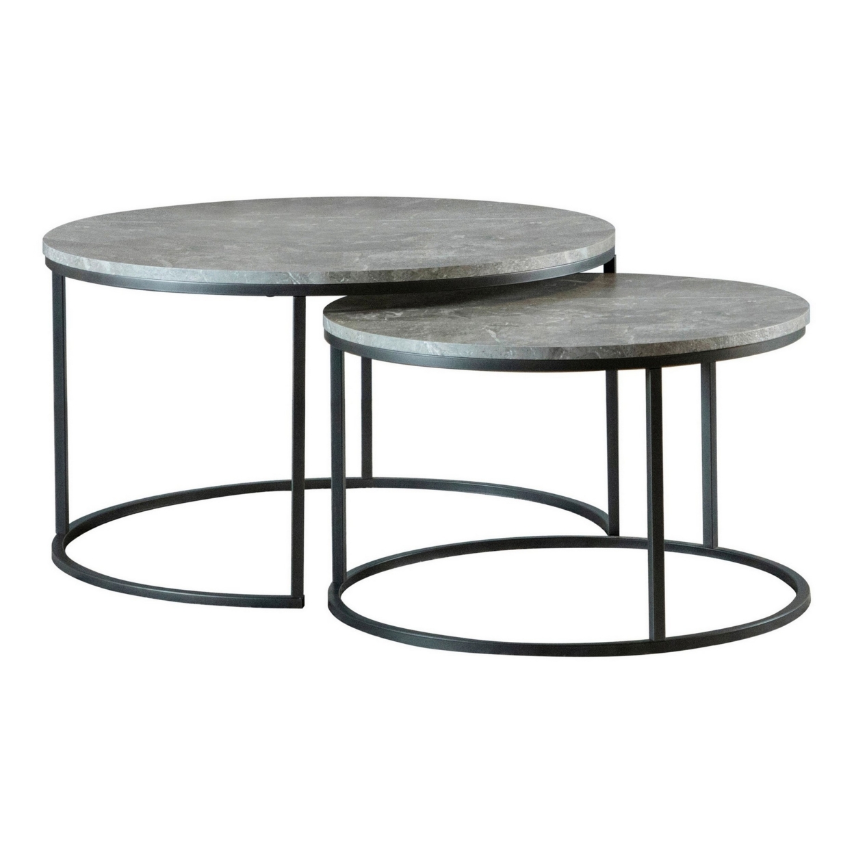 35 Inch 2 Piece Nesting Coffee Table Set, Round Gray Faux Marble Tabletop