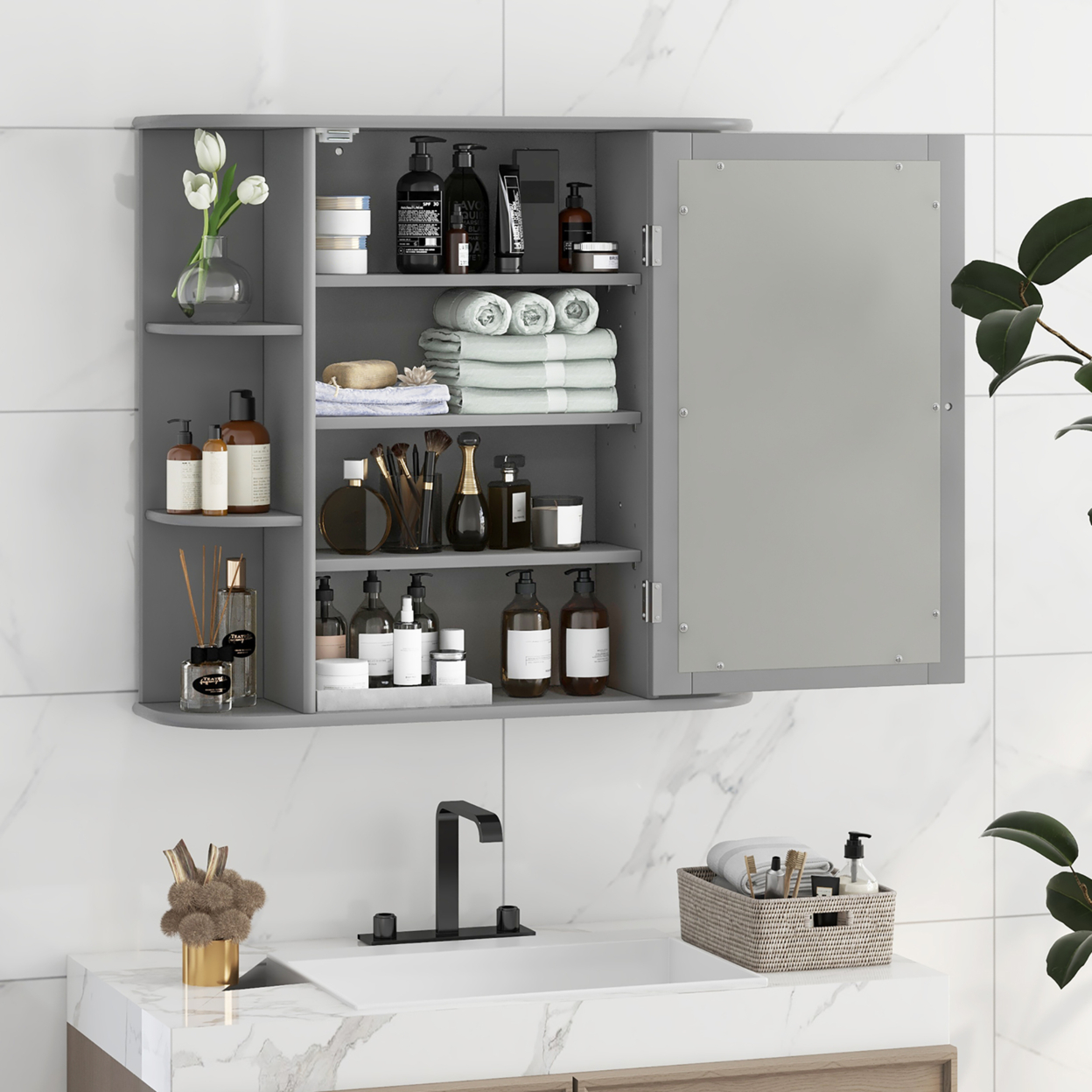 Wall Mounted Medicine Storage Cabinet Bathroom Organizer Cupboard W/Mirror Gray