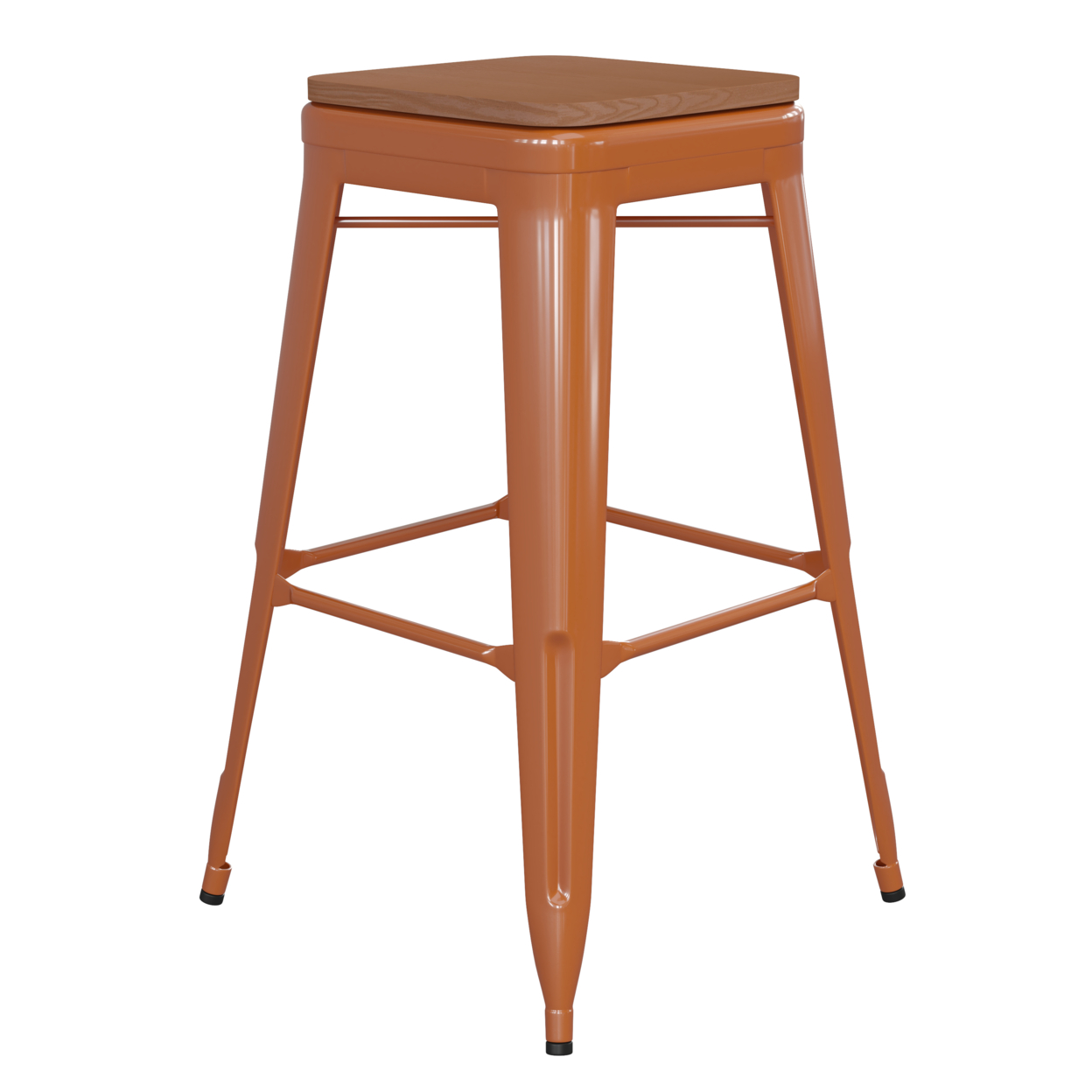 30 Inch Metal Stool, Teak Brown Wood Seat, Rust Orange