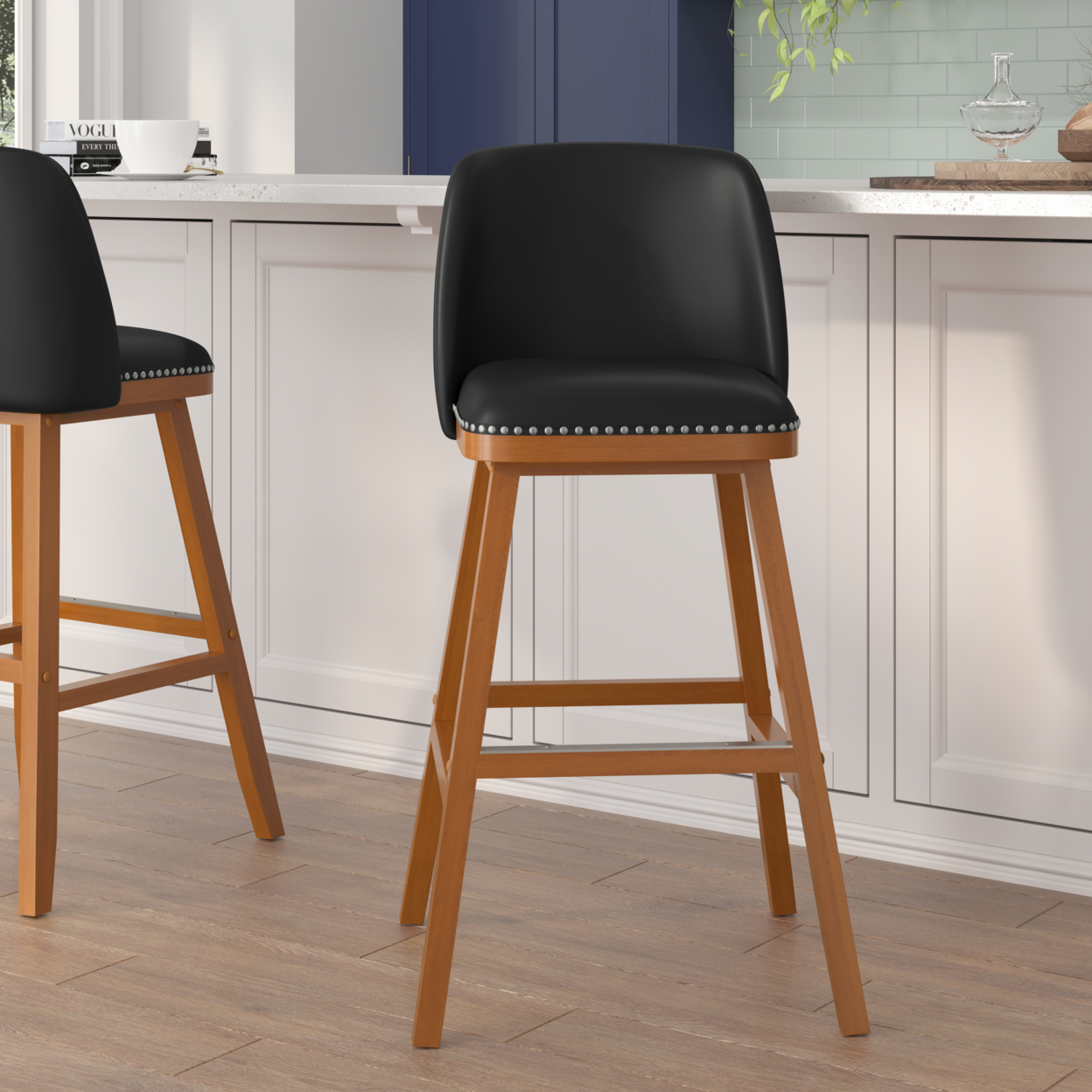 2 Piece 30 Inch Leather Stools, Curved Back, Seat, Nailhead Trims, Black