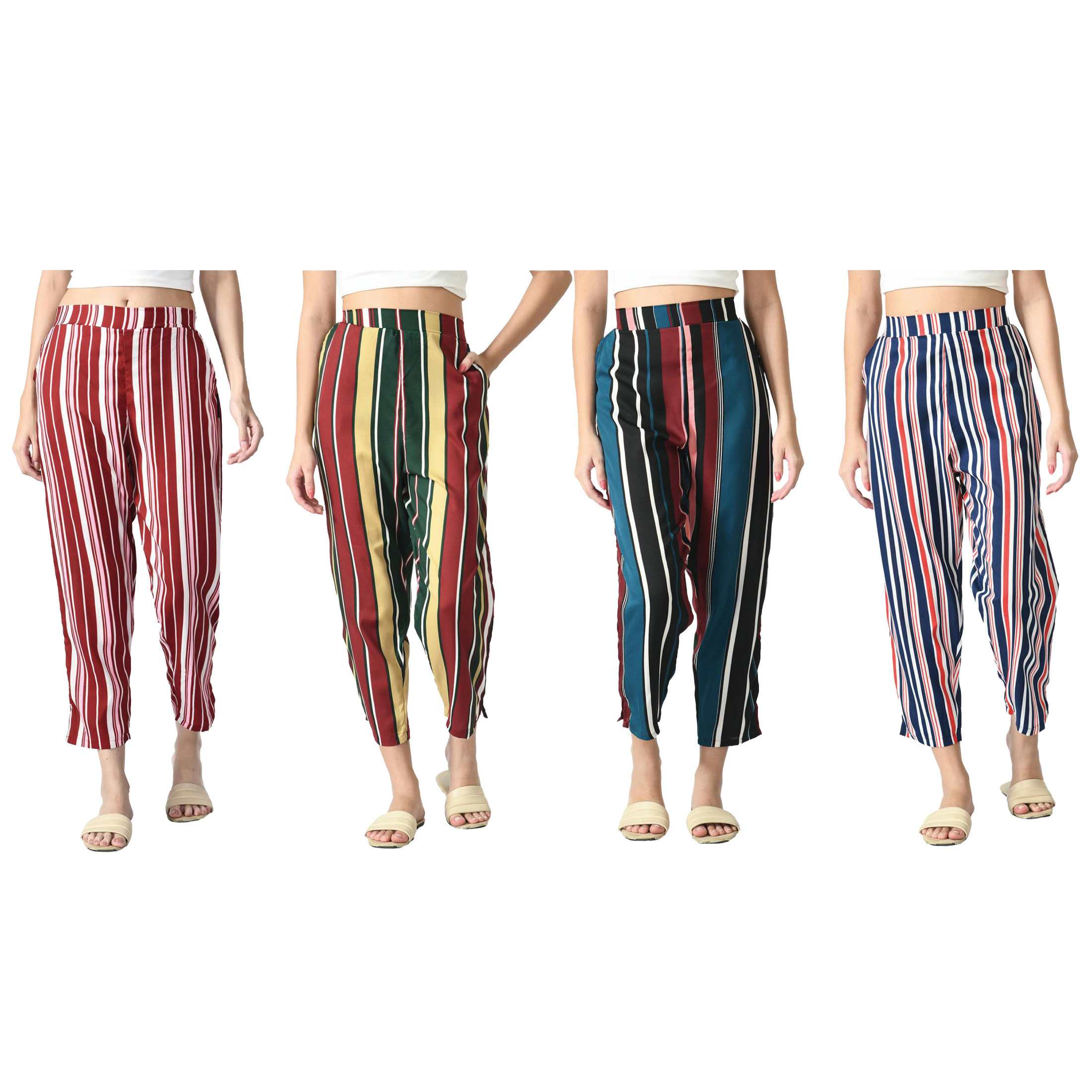 3-Pack: Ladies Striped High Waisted Summer Soft Wide Open Boho Leg Palazzo Pants - Small