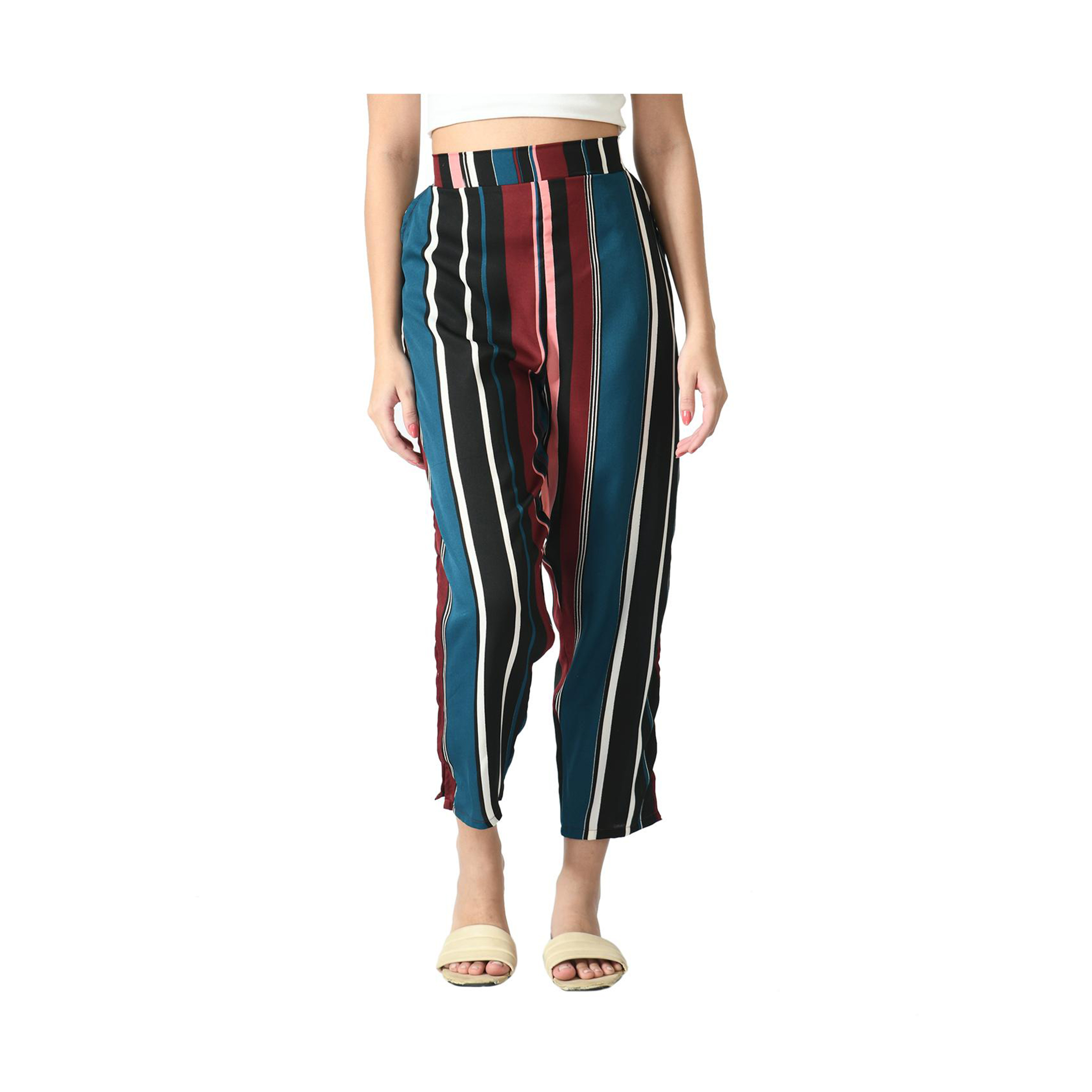 3-Pack: Ladies Striped High Waisted Summer Soft Wide Open Boho Leg Palazzo Pants - Medium