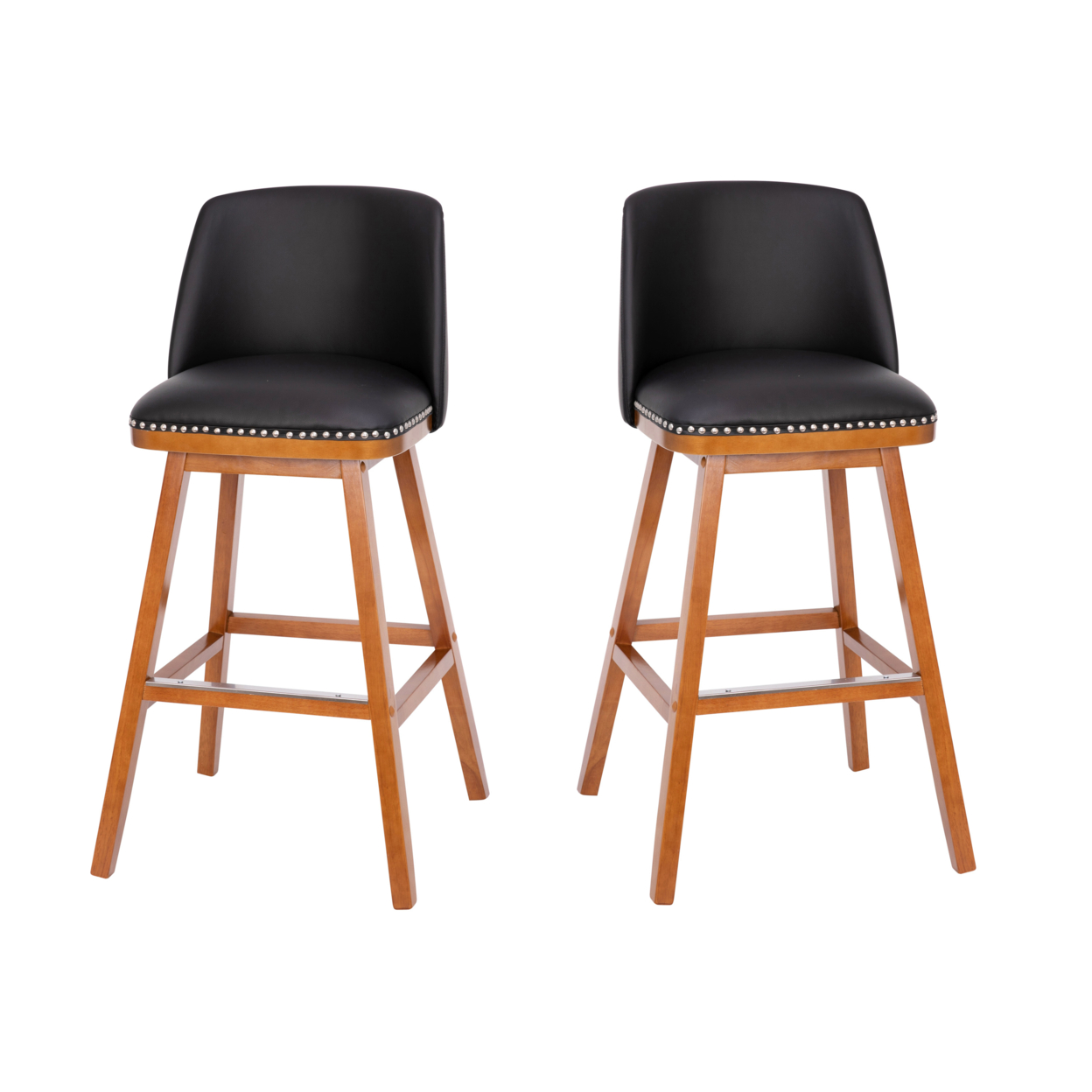 2 Piece 30 Inch Leather Stools, Curved Back, Seat, Nailhead Trims, Black