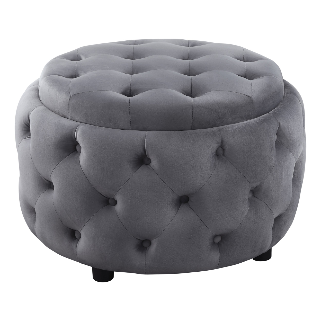 Lina 28 Inch Round Ottoman, Storage Area, Smooth Gray Vegan Faux Leather