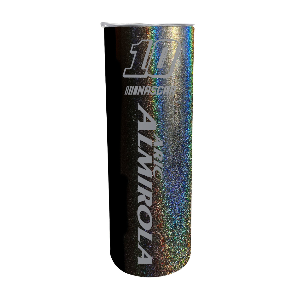 NASCAR #10 Aric Almirola 20 Oz Insulated Stainless Steel Skinny Tumbler - Rainbow Glitter Black