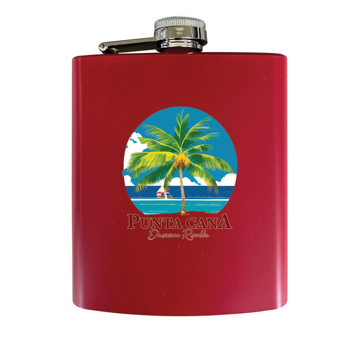 Punta Cana Dominican Republic Souvenir Matte Finish Stainless Steel 7 Oz Flask - Red, PALM