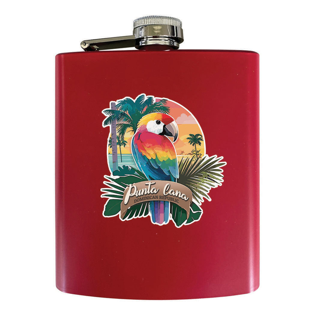 Punta Cana Dominican Republic Souvenir Matte Finish Stainless Steel 7 Oz Flask - Red, PARROT