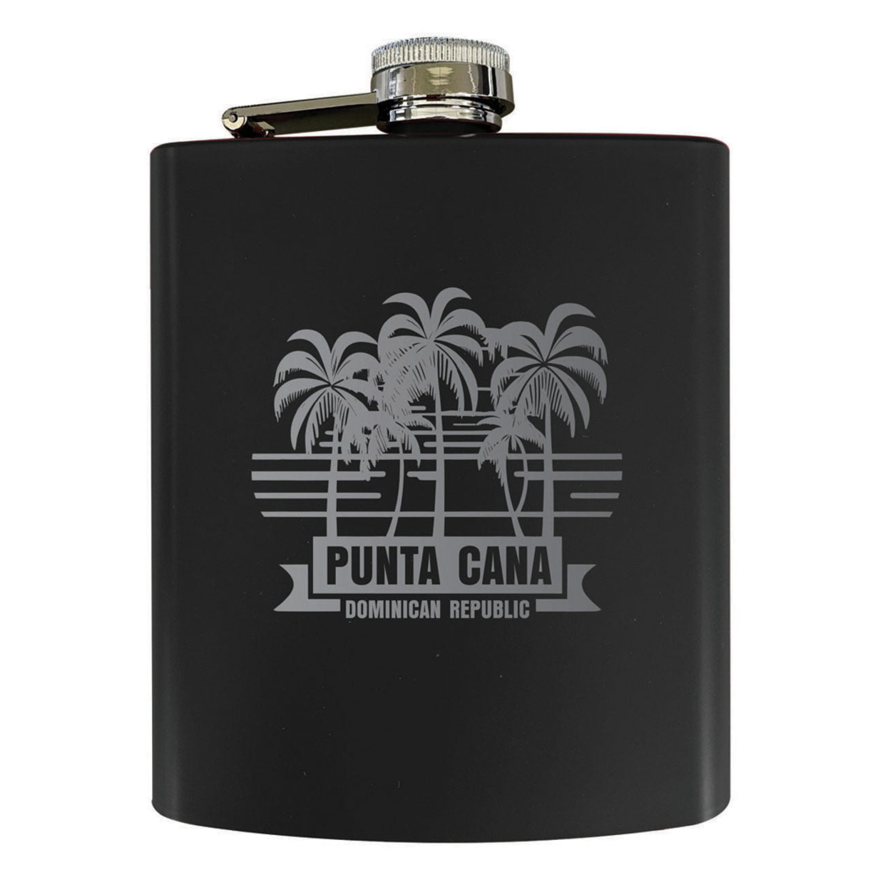 Punta Cana Dominican Republic Souvenir Engraved Matte Finish Stainless Steel 7 Oz Flask - Black, PALM BEACH