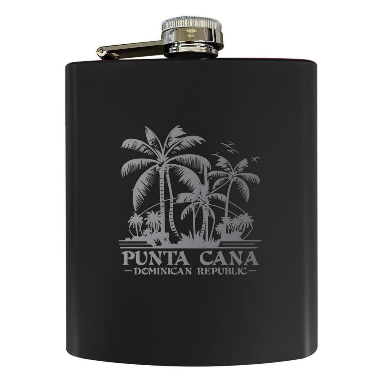 Punta Cana Dominican Republic Souvenir Engraved Matte Finish Stainless Steel 7 Oz Flask - Black, PALMS